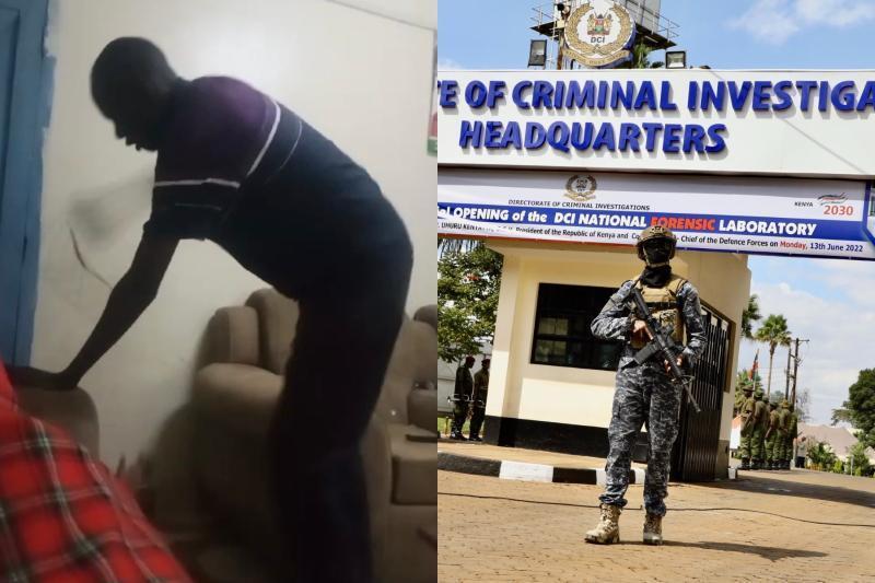 Photocollage of a man captured beating his son and the DCI headquarters gate.